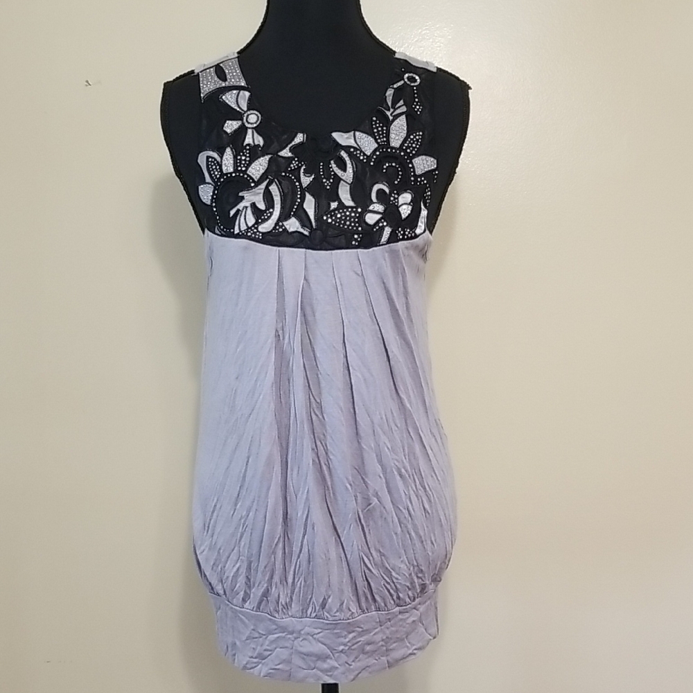 Y2K Embellished Rhinestone Floral Lace Neckline Sleeveless Babydoll Tunic Top M